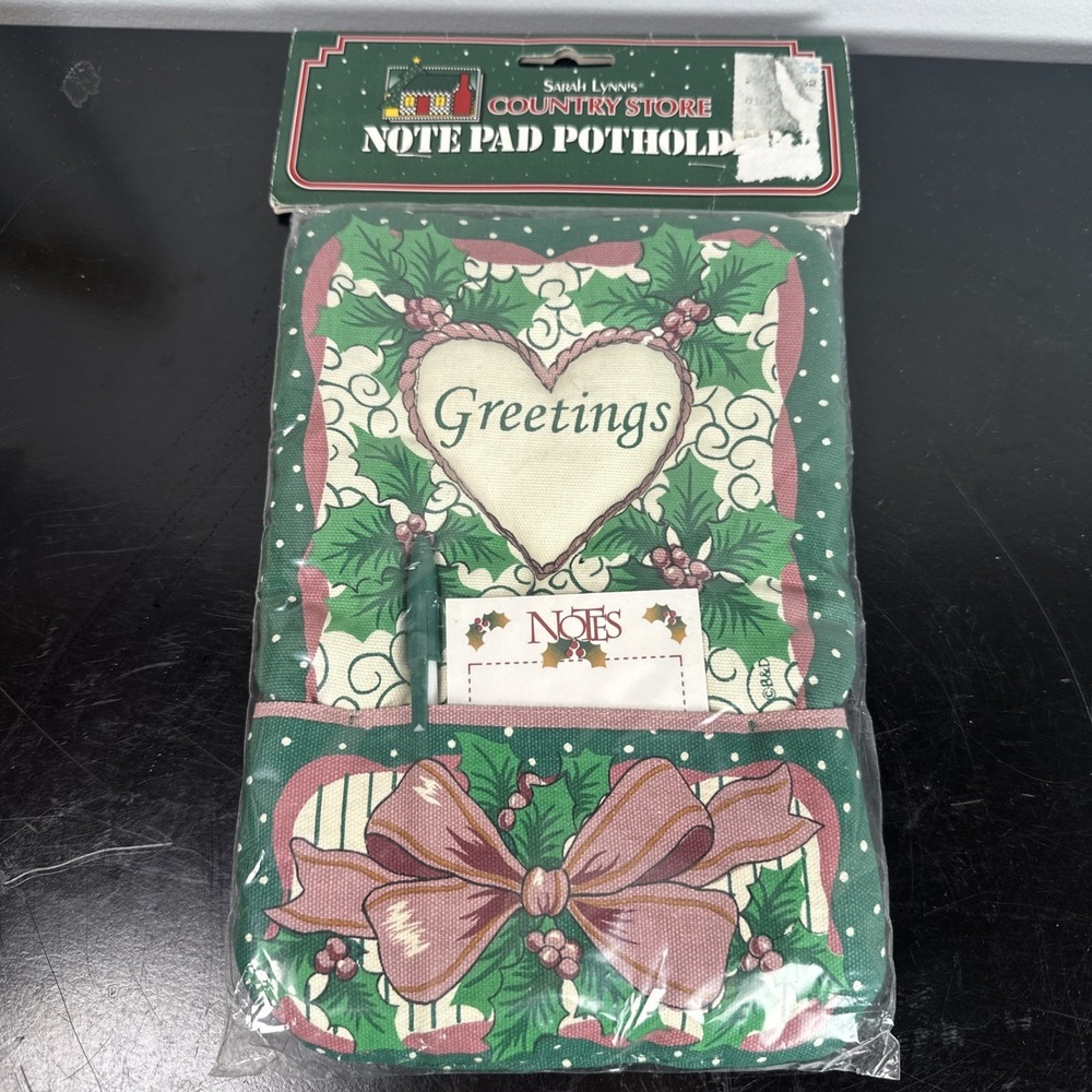 New Vintage Note Pad Potholder Greetings Retro Christmas Bow Green Heart